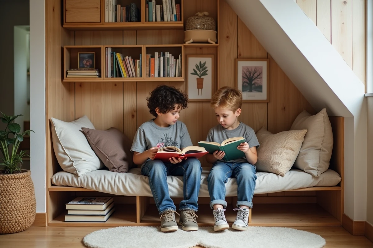 Deux garçons lisant des livres dans un coin lecture familial