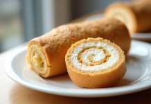 Gâteau roulé sans gluten en tranches sur assiette blanche