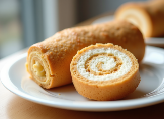 Gâteau roulé sans gluten en tranches sur assiette blanche
