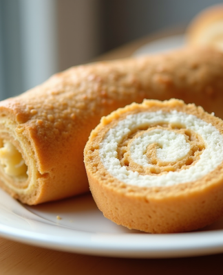Gâteau roulé sans gluten en tranches sur assiette blanche