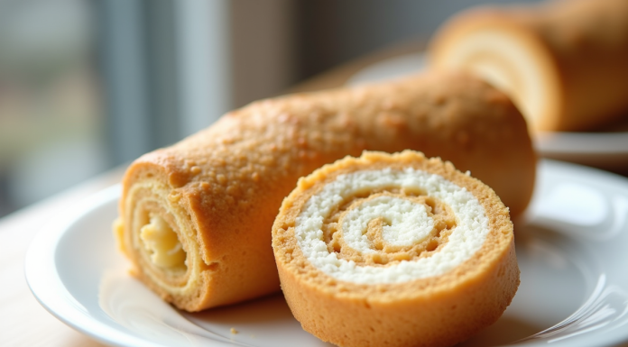 Gâteau roulé sans gluten en tranches sur assiette blanche