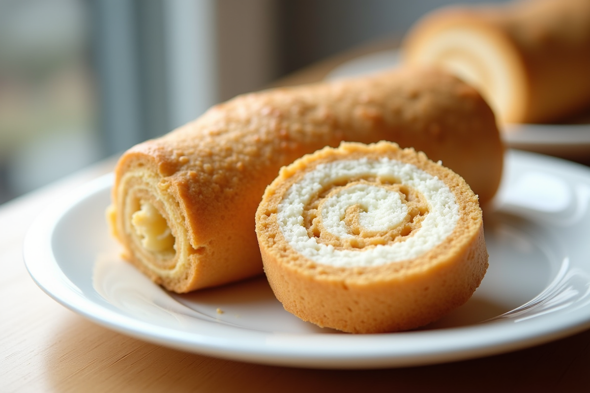 Gâteau roulé sans gluten en tranches sur assiette blanche