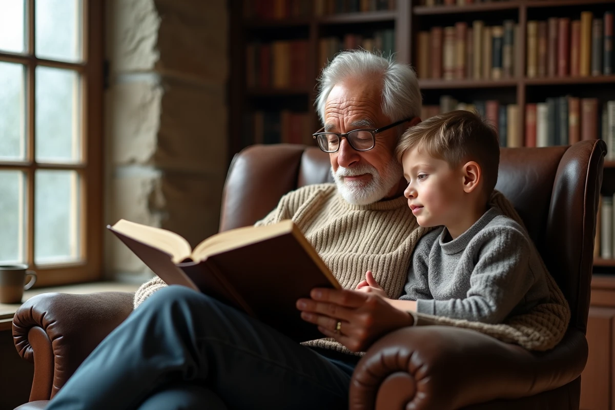 Grand-père lisant Cendrillon de Perrault à voix haute à son petit-fils dans un fauteuil d'une bibliothèque familiale
