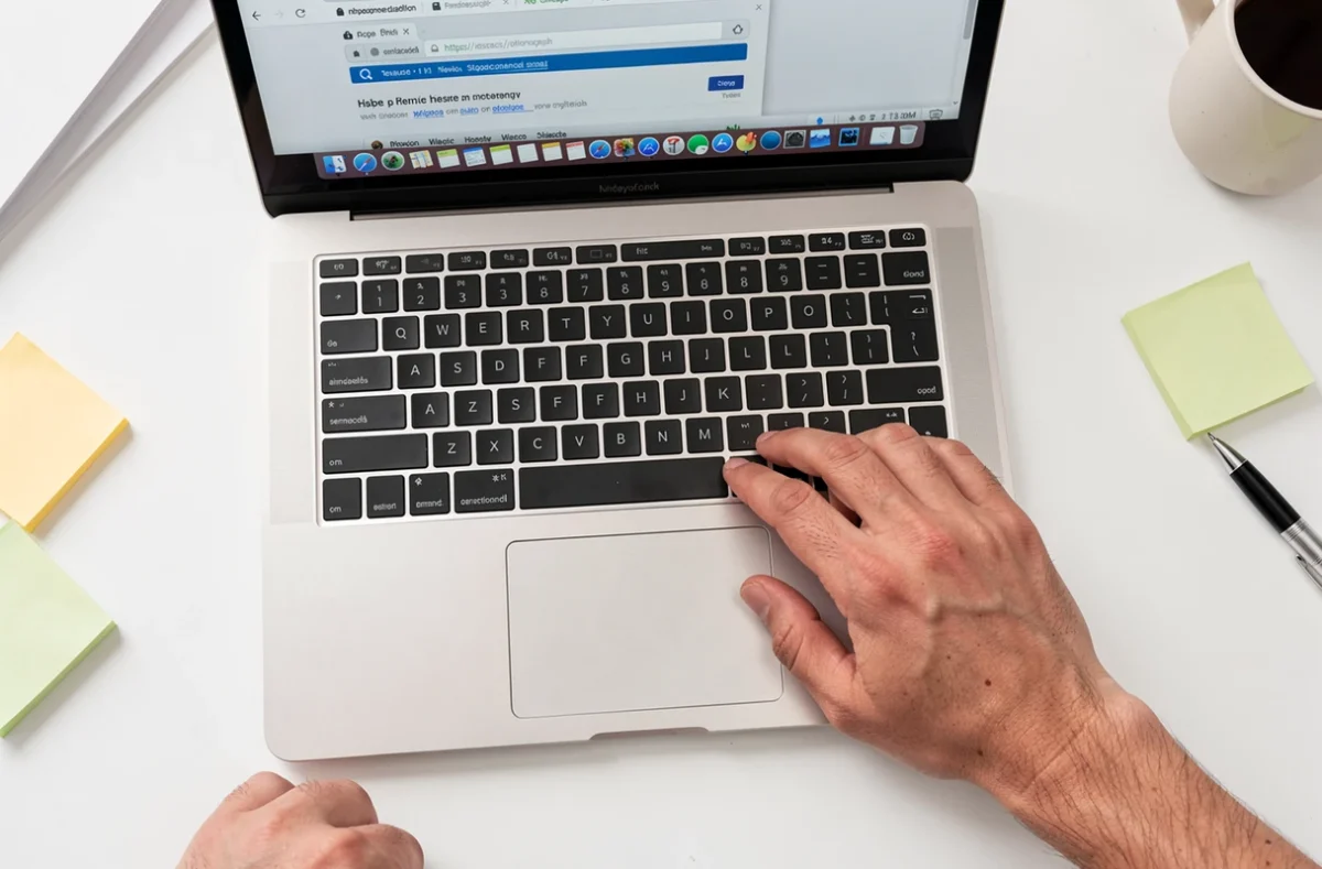 Vue rapprochée d'un ordinateur portable avec barre d'adresse URL visible et main prête à naviguer sur internet