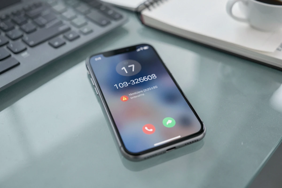 Gros plan d'un smartphone affichant un appel entrant d'un numéro inconnu sur un bureau de bureau