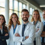 Groupe de professionnels aux métiers commençant par P dans un bureau lumineux