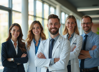 Groupe de professionnels aux métiers commençant par P dans un bureau lumineux