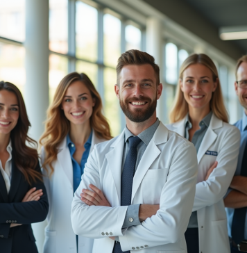 Groupe de professionnels aux métiers commençant par P dans un bureau lumineux