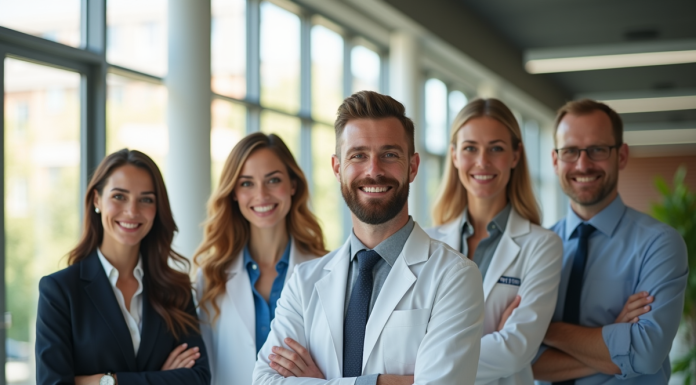 Groupe de professionnels aux métiers commençant par P dans un bureau lumineux