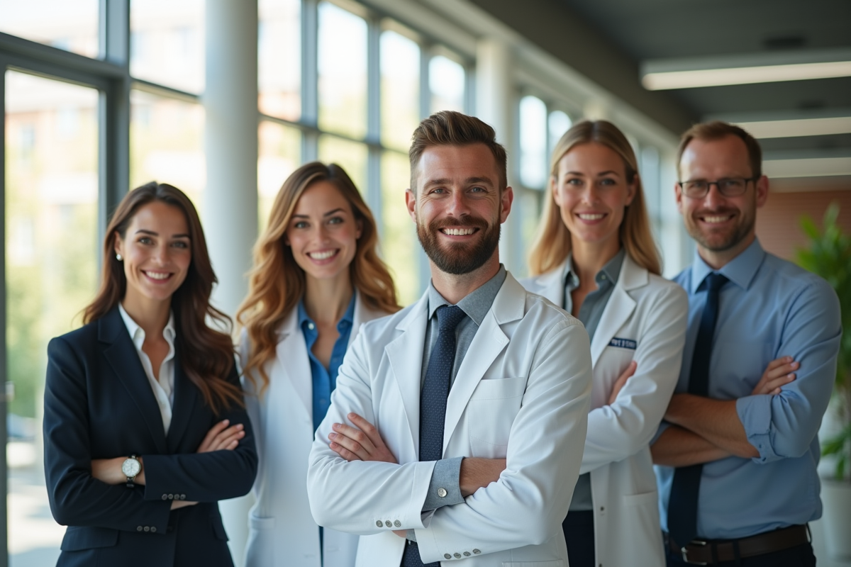 Groupe de professionnels aux métiers commençant par P dans un bureau lumineux