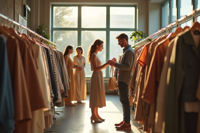 groupe-achat-vetements-soutenables Groupe de personnes achetant des vêtements durables dans un magasin lumineux