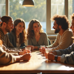 Groupe d'acteurs divers autour d'une table en extérieur