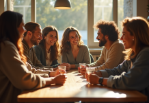 Groupe d'acteurs divers autour d'une table en extérieur