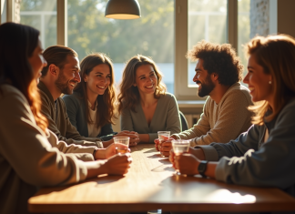 Personnages en B incontournables des séries télévisées Groupe d'acteurs divers autour d'une table en extérieur