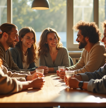Groupe d'acteurs divers autour d'une table en extérieur