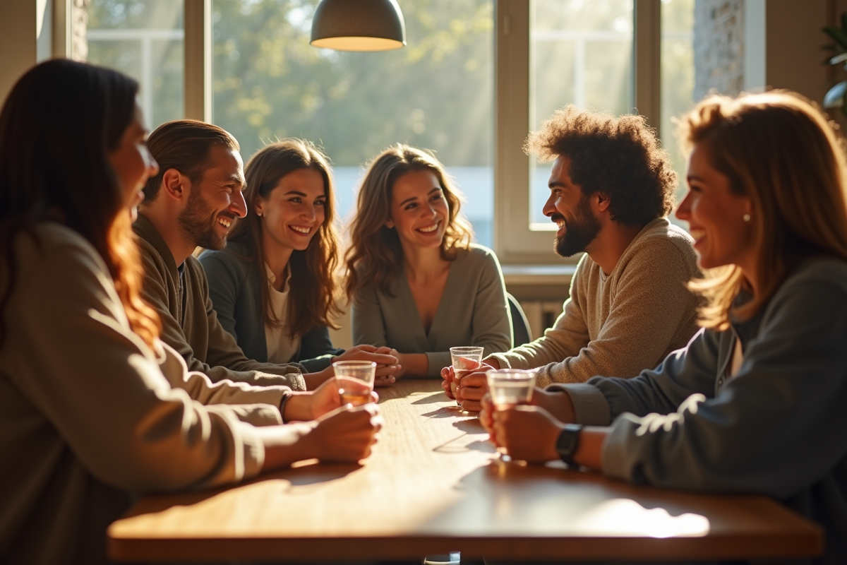 Groupe d'acteurs divers autour d'une table en extérieur