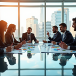 Groupe de personnes d affaires dans un bureau lumineux analysant des graphiques financiers
