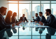 Groupe de personnes d affaires dans un bureau lumineux analysant des graphiques financiers