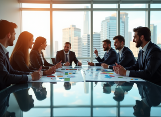 Baisse de l’inflation : qui en profite vraiment ? Groupe de personnes d affaires dans un bureau lumineux analysant des graphiques financiers