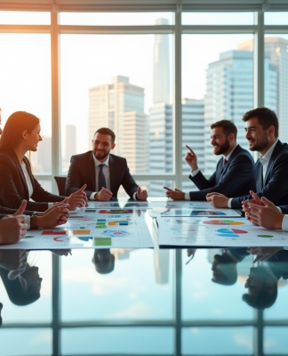 Groupe de personnes d affaires dans un bureau lumineux analysant des graphiques financiers