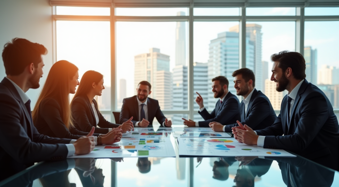Groupe de personnes d affaires dans un bureau lumineux analysant des graphiques financiers
