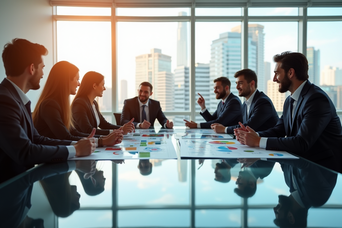 Groupe de personnes d affaires dans un bureau lumineux analysant des graphiques financiers