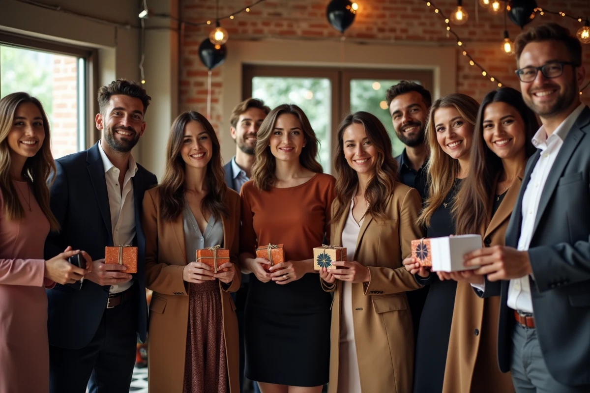 Groupe d'adultes souriants lors d'une fête d'anniversaire élégante