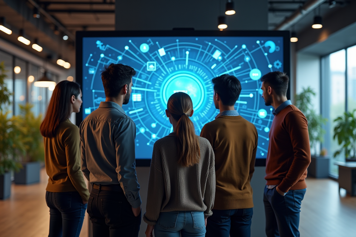 Groupe de professionnels discutant devant un écran blockchain