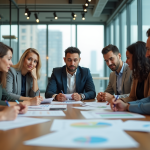 Groupe de professionnels en réunion dans une salle moderne