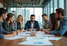 Groupe de professionnels en réunion dans une salle moderne