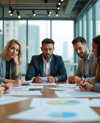Groupe de professionnels en réunion dans une salle moderne