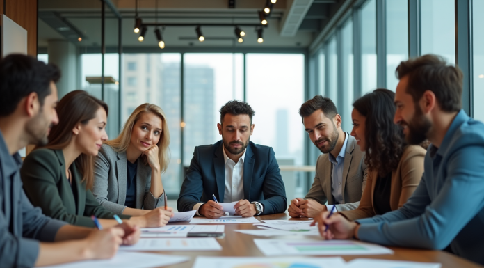 Groupe de professionnels en réunion dans une salle moderne
