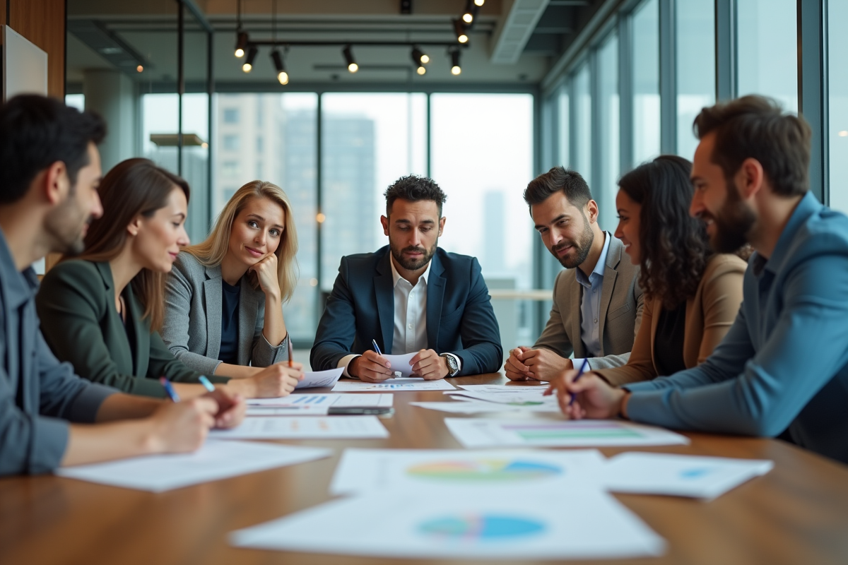 Groupe de professionnels en réunion dans une salle moderne