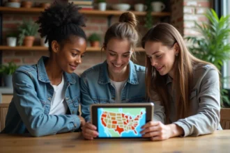 Jeunes adultes utilisant une tablette avec carte des USA dans une cuisine chaleureuse