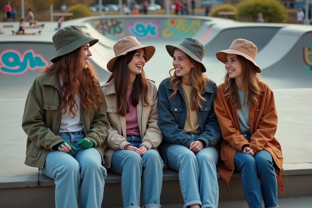 Groupe de jeunes femmes dans un skatepark coloré en extérieur