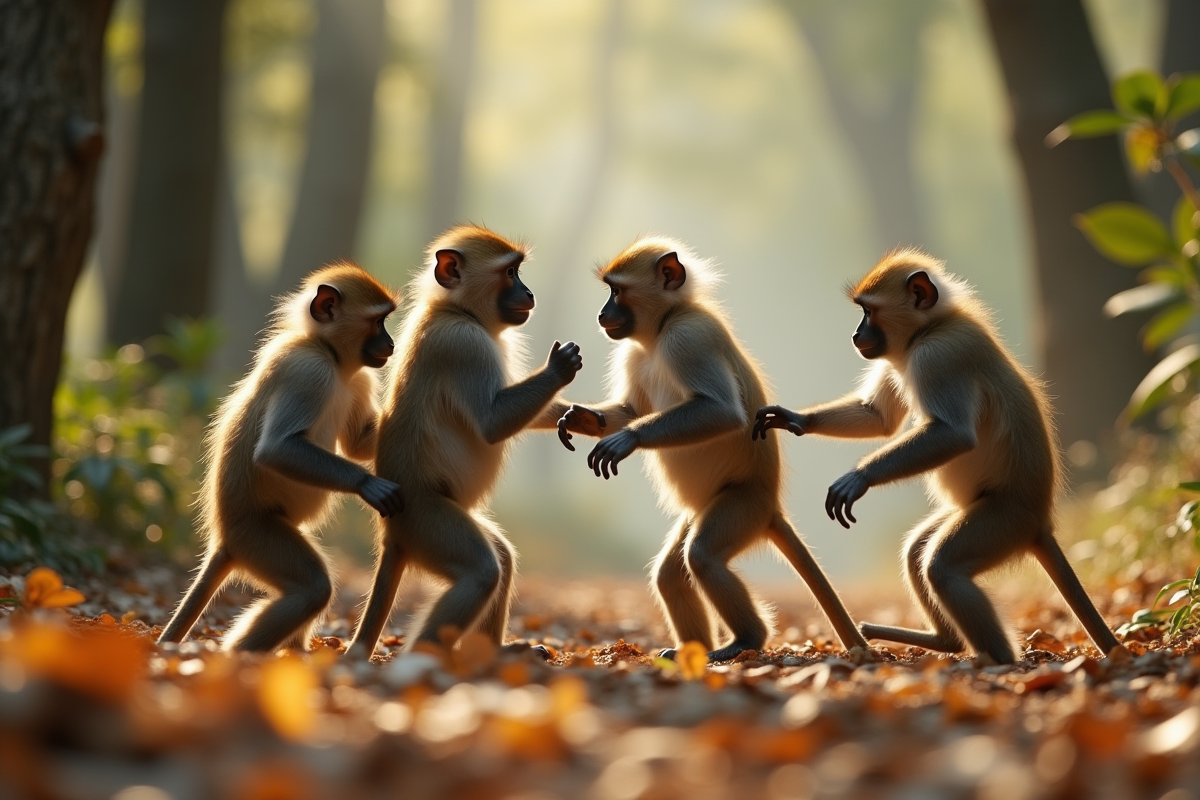 Groupe de singes jouant dans la forêt ensoleillée