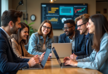 Groupe de jeunes professionnels collaborant dans un espace de coworking moderne