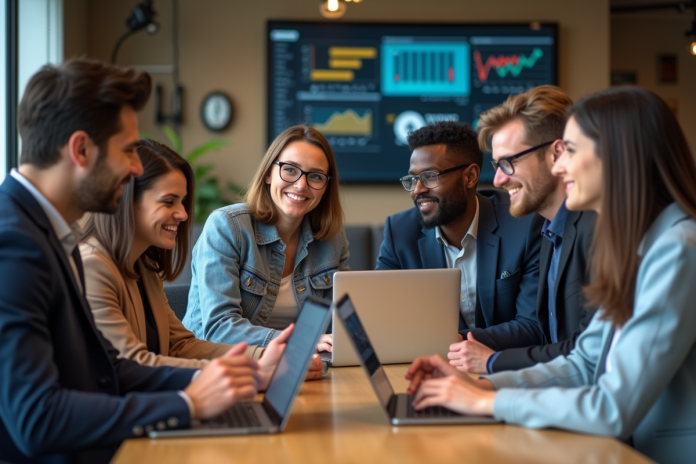 groupe-travailleurs-coworking Groupe de jeunes professionnels collaborant dans un espace de coworking moderne