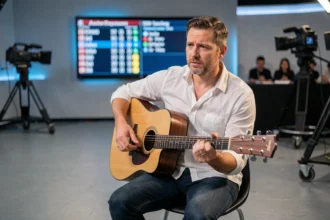Guitariste en studio de télévision tenant une guitare acoustique devant un tableau de scores lumineux lors d'une émission musicale télévisée