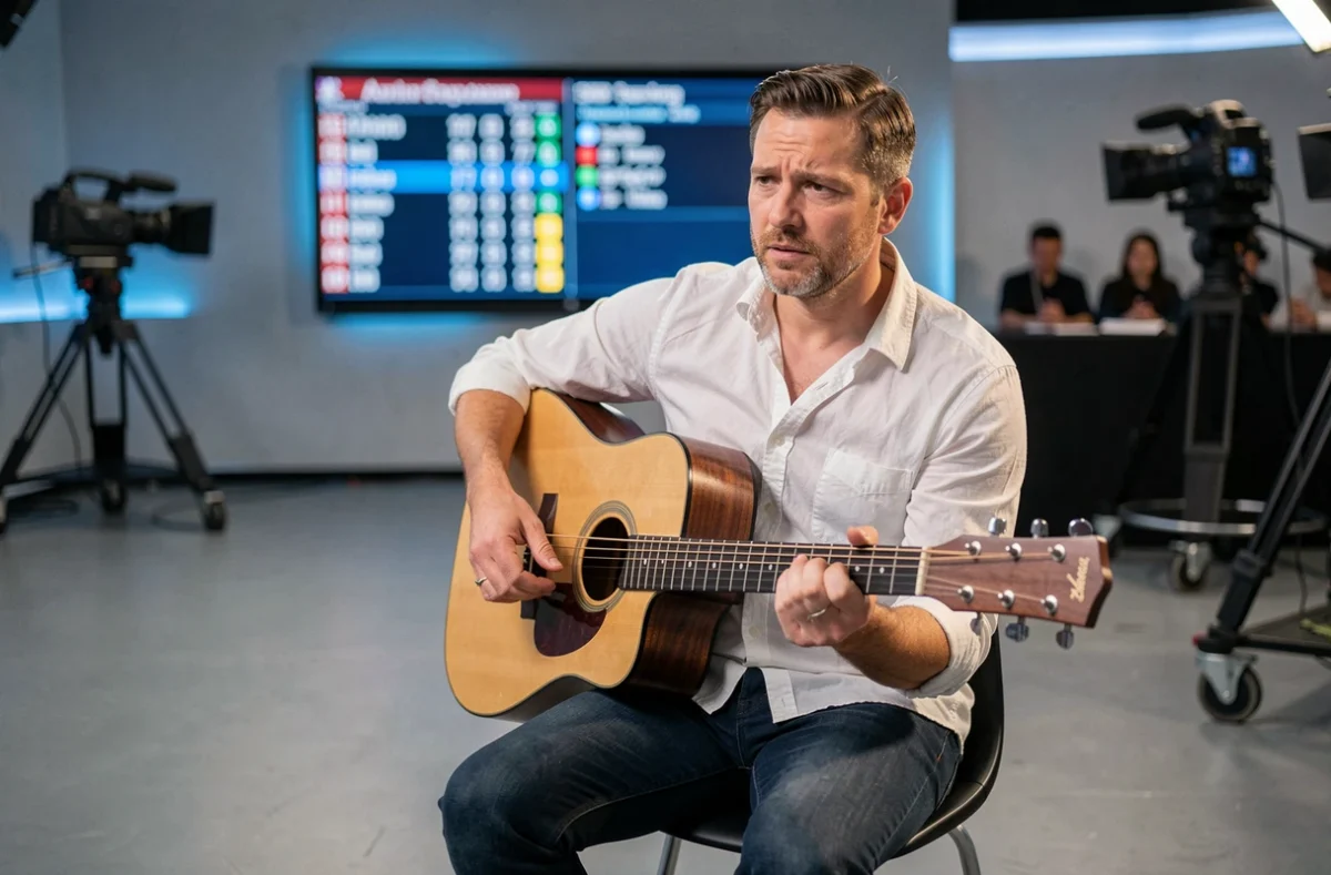 Guitariste en studio de télévision tenant une guitare acoustique devant un tableau de scores lumineux lors d'une émission musicale télévisée
