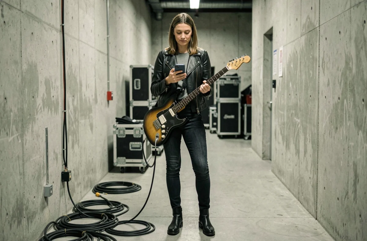 Guitariste de tournée en coulisses d'une salle de concert avec sa guitare électrique, entourée de matériel de scène professionnel