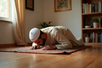 Homme musulman en prière prosternée sur un tapis de prière à domicile, illustration de l'heure de prière islamique à Grenoble