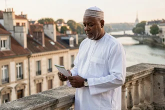 Homme musulman consultant l'heure de prière sur une terrasse avec vue sur les toits de Bordeaux et la Garonne