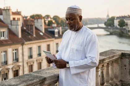 Homme musulman consultant l'heure de prière sur une terrasse avec vue sur les toits de Bordeaux et la Garonne