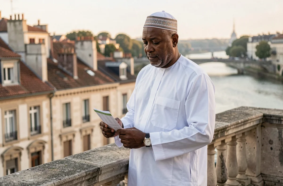 Homme musulman consultant l'heure de prière sur une terrasse avec vue sur les toits de Bordeaux et la Garonne