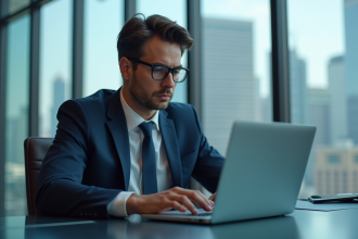 Jeune homme d'affaires en costume bleu regardant un laptop