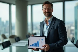 Homme d'affaires confiant avec graphique automobile en main