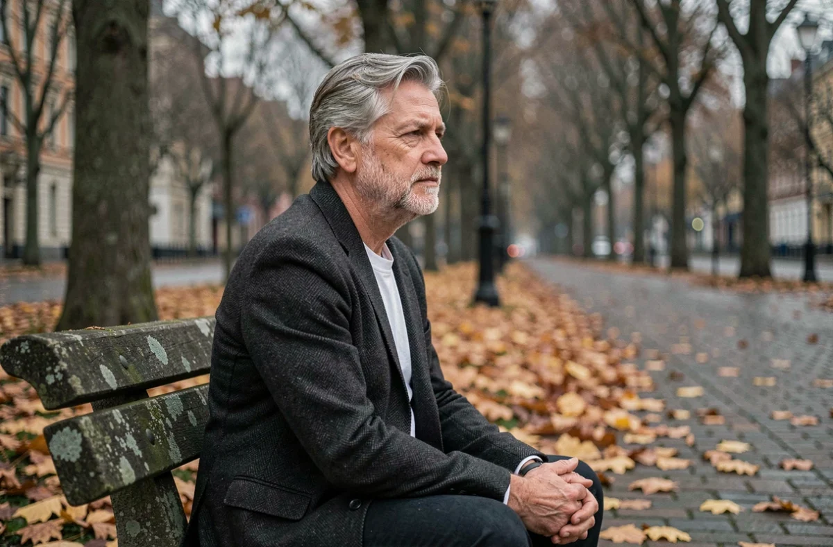 Homme aux cheveux argentés assis sur un banc de pierre dans un parc automnal aux feuilles dorées, symbolisant la sagesse et l'acceptation philosophique selon Schopenhauer