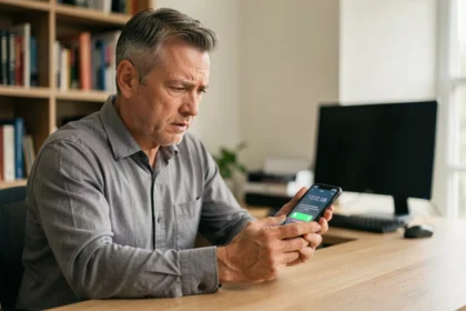 Homme inquiet regardant un appel entrant suspect sur son smartphone au bureau à domicile