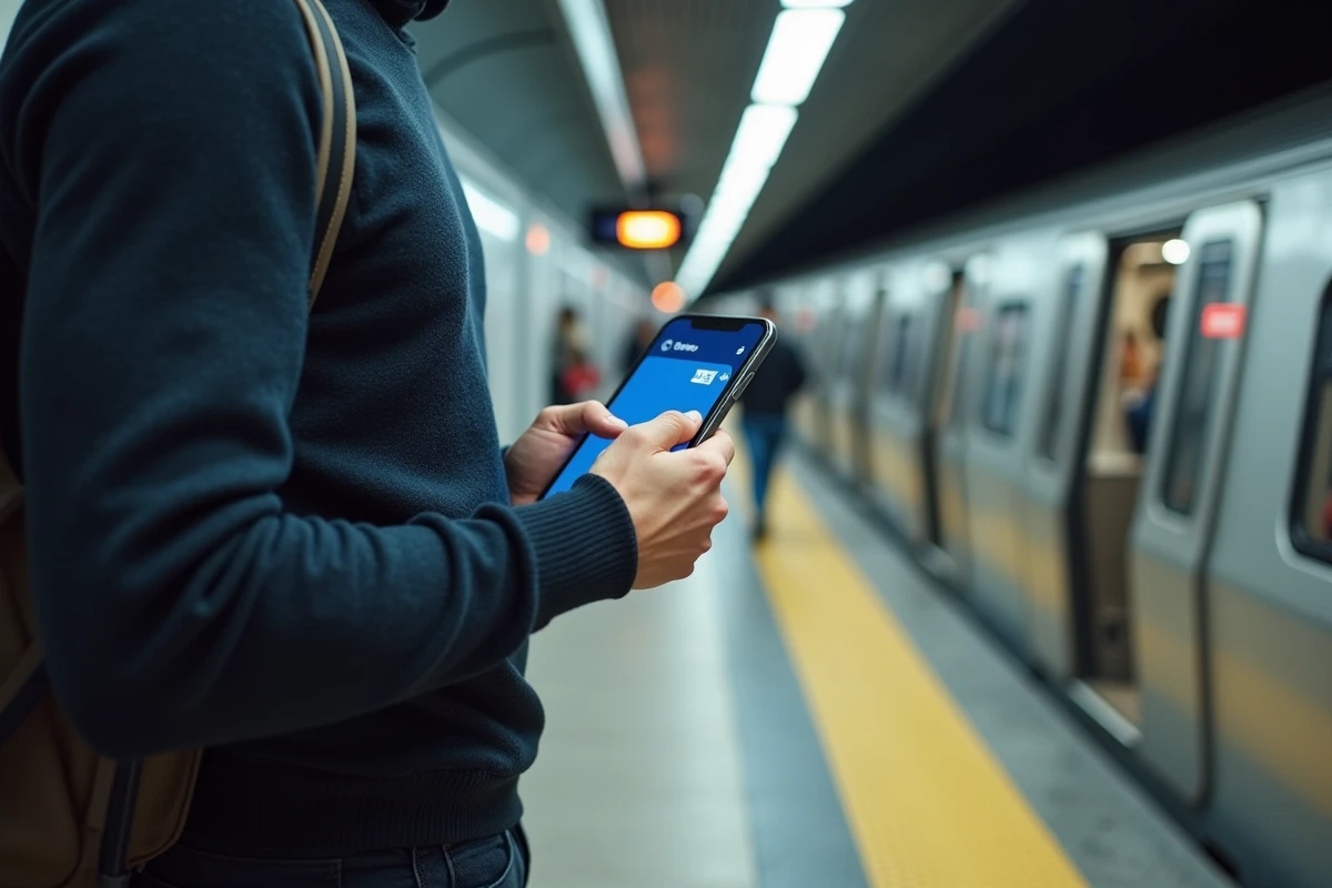 Homme avec valise consultant l'application RATP sur son téléphone sur le quai du métro ligne 13 à Paris